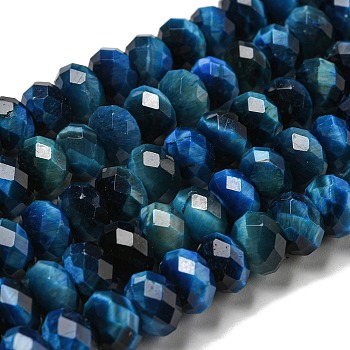 Natural Tiger Eye Beads Strands, Faceted, Dyed, Rondelle, Blue, 8~8.5x5~5.5mm, Hole: 1mm, about 71pcs/strand, 15.31''(38.9cm)