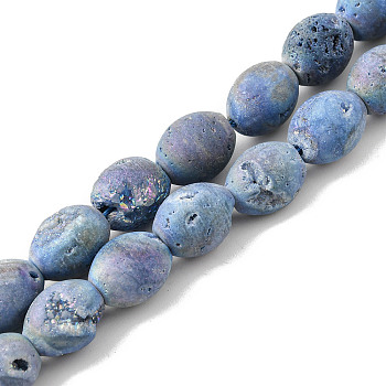 Electroplated Natural Druzy Geode Agate Bead Strands, Drum, Blue Plated, 14~14.5x12mm, Hole: 1mm, about 14pcs/strand, 7.87 inch