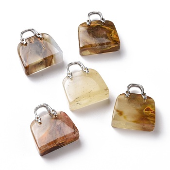 Synthetic Tigerskin Glass Brass Pendants, Platinum, Bag, 27.5x25x10mm, Hole: 6mm