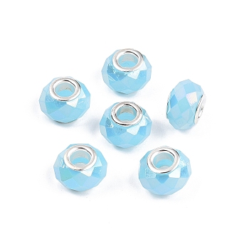 Imitation Jade Glass European Beads, Large Hole Beads, with Brass Cores, AB Color Plated, Faceted, Rondelle, Sky Blue, 13.5~14x9~9.5mm, Hole: 5mm