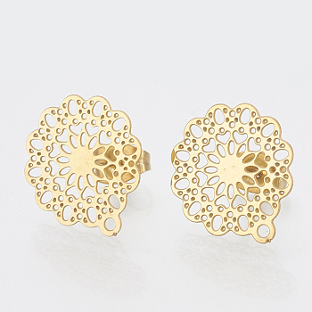 304 Stainless Steel Stud Earring Findings, with Loop, Flower, Golden, 16x14mm, Hole: 1mm, pin: 0.7mm