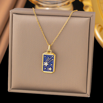 Rectangle Tarot 304 Stainless Steel with Enamel Pendant Necklaces for Women, Golden, Prussian Blue, 15.94 inch(40.5cm)