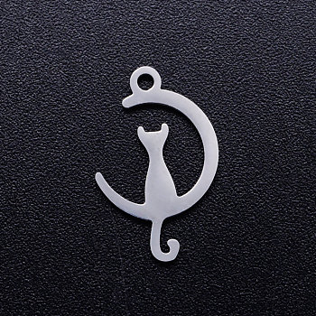 201 Stainless Steel Kitten Pendants, Crescent Moon with Cat Shape, Stainless Steel Color, 17.5x11x1mm, Hole: 1.5mm