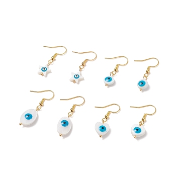 Natural Shell Evil Eye Dangle Earrings with Enamel, Gold Plated 304 Stainless Steel Jewelry for Women, Mixed Shape, White, 32~39mm, Pin: 0.6mm