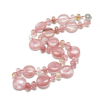 Cherry Quartz Glass Beaded Necklaces, with Alloy Lobster Clasps, Flat Round, 18.1 inch~18.5  inch(46~47cm), Flat Round: 16x6mm