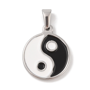 304 Stainless Steel Pendants, with Enamel, Flat Round with Yin-yang Charm, Stainless Steel Color, 24x20x2.5mm, Hole: 3.5x6.5mm