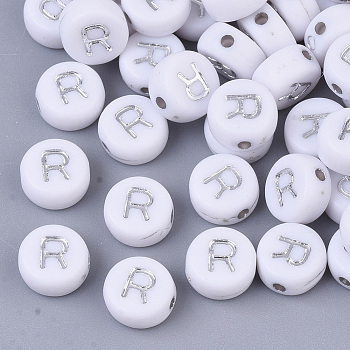 Plating Acrylic Beads, Silver Metal Enlaced, Horizontal Hole, Flat Round with Letter, White, Letter.R, 7x4mm, Hole: 1.2mm