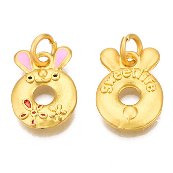 Alloy Enamel Pendants, with Jump Rings, Matte Gold Color, Cadmium Free & Lead Free, Rabbit, Pearl Pink, 17x12x2.5mm, Jump Ring: 6x1mm, 4mm inner diameter