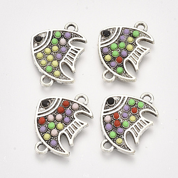 Alloy Links connectors, with Resin and Rhinestone, Fish, Antique Silver, Colorful, 22x15.5x2mm, Hole: 1.8mm