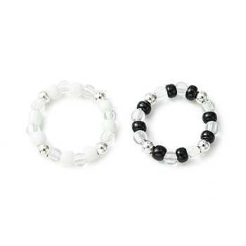 2Pcs 2 Color Acrylic & Glass Seed Beaded Stretch Rings Set for Women, Black and White, Inner Diameter: 18.3~19.3mm, 1Pc/color