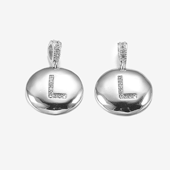 Brass Pendants, with Cubic Zirconia, Cadmium Free & Lead Free, Flat Round with Letter, Platinum, Letter.L, 22mm, Hole: 2x3mm, Pendant: 15x3mm