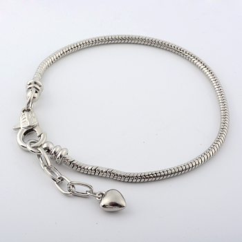 Brass European Style Bracelets For Jewelry Making, with Lobster Claw Clasp and Heart Charms, Platinum, 200x3mm