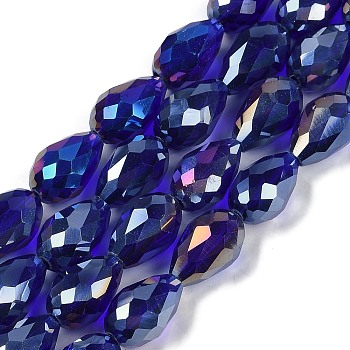 Transparent Electroplate Glass Beads Strands, AB Color Plated, Faceted, Teardrop, Dark Blue, 8x6mm, Hole: 1.2mm, about 65~67pcs/strand, 20.08''(51cm)