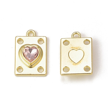 Rack Plating Alloy Glass Pendants, Golden, Rectangle with Heart Charms, Pink, 19.5x12.5x5mm, Hole: 1.8mm