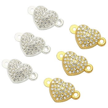 10 Sets 2 Colors Alloy Crystal Rhinestone Magnetic Clasps, Heart, Platinum & Light Gold, 11x18.5x6.5mm, Hole: 1.4mm, 5 sets/color