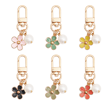 6Pcs 6 Colors Flower Alloy Enamel Pendant Decoration, with Plastic Pearl Charm, for Keychain Car Keyring Handbag Bag Purse Pendant, Mixed Color, 56mm, 1pc/color