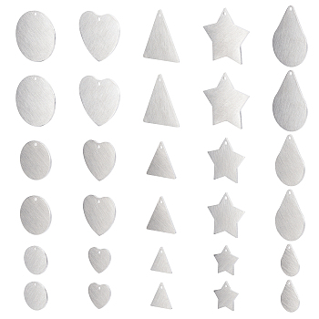30Pcs 15 Style 304 Stainless Steel Pendants, Double Side Drawbench, Stamping Blank Tag, Flat Round & Heart & Star & Triangle & Teardrop, Stainless Steel Color, 2pcs/style