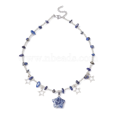 Natural Blue Spot Jasper & Alloy Star Charms Bib Necklace with Chips Beaded Chains(NJEW-JN04512-01)-3