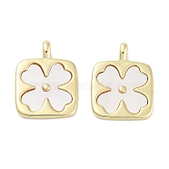 Brass Pave Natural Shell Square Pendants, Flower Charms, Real 18K Gold Plated, 15.5x12x2mm, Hole: 3x1.5mm(KK-C051-22G)