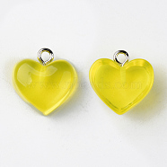 Transparent Resin Pendants, with Platinum Tone Iron Loop, Heart, Yellow, 16.5x17x9.5mm, Hole: 1.8mm(RESI-R429-30G)