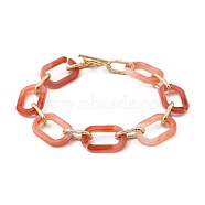 Acrylic & Aluminum Cable Chain Bracelets, with 304 Stainless Steel Toggle Clasps, Light Gold, Light Salmon, 8-5/8 inch(22cm)(BJEW-JB05425-03)