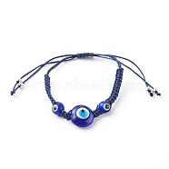 Adjustable Nylon Cord Braided Bead Bracelets, with Evil Eye Lampwork Beads and Brass Beads, Platinum, Blue, Inner Diameter: 1-1/4~3-1/2 inch(3.3~9cm)(BJEW-JB06204)
