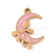 Ion Plating(IP) 304 Stainless Steel Pendants, with Enamel, Moon with Bowknot Charm, Golden, Pink, 16x13x2mm, Hole: 1.4mm(STAS-N106-08G)