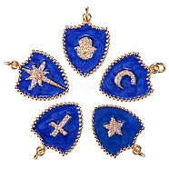 5Pcs 5 Styles Real 18K Gold Plated Brass Micro Pave Clear Cubic Zirconia Enamel Pendants, Long-Lasting Plated, with Jump Rings,  Shield, Dark Blue, 1pc/style(ZIRC-SZ0001-35)