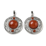 Natural Red Jasper Pendants, Rack Plating Brass Hollow Flat Round Charms, Cadmium Free & Lead Free, Platinum, 36.5x33x9.5mm, Hole: 7.5x5mm(G-Q158-03P)