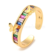 Brass with Cubic Zirconia Open Cuff Rings, Butterfly, Colorful, US Size 6 3/4(17.1mm)(RJEW-B052-04G-01)