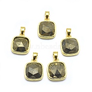 Natural Pyrite Pendants, with Golden Tone Brass Findings, Square, Faceted, 13x11x5mm, Hole: 3.5x5.5mm(G-O176K-06G)