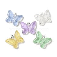 Translucent Resin Pendants, Glitter Butterfly Charms with Platinum Tone Iron Loops, Mixed Color, 17.5x21.5x6mm, Hole: 2mm(RESI-D071-03)