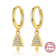 Christmas Trees Cubic Zirconia Dangle Hoop Earrings, 925 Sterling Silver Earrings with S925 Stamp, Golden, 21x6mm(JT3219-2)