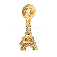 Rack Plating Brass Clear Cubic Zirconia European Dangle Charms, Eiffel Tower Large Hole Pendants, Long-Lasting Plated, Real 18K Gold Plated, 25mm, Hole: 4mm(KK-U035-25G)