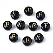 Handmade Lampwork Beads, with Golden Plated Brass Etched Metal Embellishments, Flat Round with Alphabet, Letter.F, 8x5mm, Hole: 0.8mm(LAMP-S196-001F)