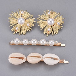 Iron Hair Clip and Stud Earrings Jewelry Sets, with Acrylic Imitation Pearl and Cowrie Shell Beads, 70x8mm, 73x14.5mm, 35mm, Pin: 0.6mm(X-SJEW-E331-06)