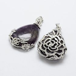 Natural Amethyst Pendants, with Brass Findings, teardrop, Platinum, 40.5x27x8.5mm, Hole: 4x6.5mm(G-P275-11)