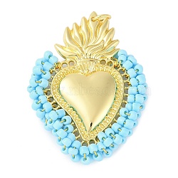 Brass Measle Pendants, Hand Woven Hearts, with Jump Ring, Real 18K Gold Plated, Cyan, 53x40x6mm, Hole: 5mm(KK-S390-01G-01)