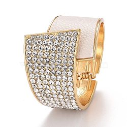 Crystal Rhinestone Chunky Wrap Wide Cuff Bangle, Hinged Open Bangle with PU Leather for Women, Light Gold, White, Inner Diameter: 2-1/8x2-1/4 inch(5.3x5.6cm)(BJEW-K223-02KCG-02)