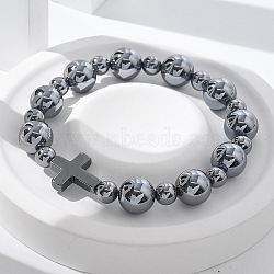 Natural Titanium Hertz Beads Stretch Bracelets for Women Men, with Non-Magnetic Hematite Cross Charm, round 1: 3/8 inch(1.05cm), round 2: 1/4 inch(0.65cm), Inner Diameter: 2 inch(5.2cm)(BJEW-R015-02)