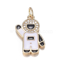 Brass Micro Clear Cubic Zirconia Pendants, with Enamel, Long-Lasting Plated,  Astronaut, White & Black, Real 18K Gold Plated, 20x13x2mm, Hole: 3.6mm(ZIRC-F120-068G)