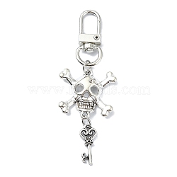 Halloween Skull & Key Alloy Pendant Decorations, Swivel Clasp Charms for Bag Ornaments, Antique Silver, 87mm(HJEW-JM02219)