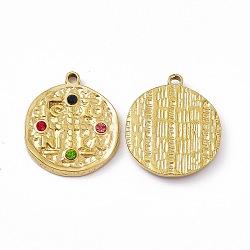 Vacuum Plating 201 Stainless Steel Pendants, with Rhinestone, Real 18K Gold Plated, Flat Round Charms, Mixed Color, 23x20x3mm, Hole: 1.8mm(STAS-J401-VC957)