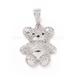 Brass Cubic Zirconia Pendants, Platinum, Bear Charm, Clear, 24x19x5mm, Hole: 4x6.5mm(ZIRC-K089-16P-01)