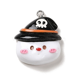 Opaque Resin Pendants, Halloween Charms with Platinum Tone Alloy Loops, White, Ghost with Black Hat, 29x24x9mm, Hole: 1.5mm(RESI-K020-04H)