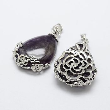 Natural Amethyst Pendants, with Brass Findings, teardrop, Platinum, 40.5x27x8.5mm, Hole: 4x6.5mm