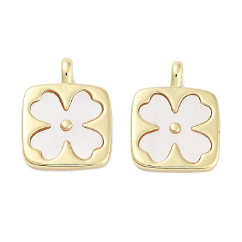 Brass Pave Natural Shell Square Pendants, Flower Charms, Real 18K Gold Plated, 15.5x12x2mm, Hole: 3x1.5mm