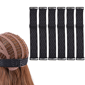 6Pcs Cloth Anti-slip Wig Caps, Adjustable Elastic Mesh Net Wig Caps Hook Fixing Strap, Black, 180~325x29.5x4~12mm