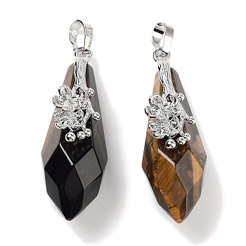 Natural Tiger Eye Faceted Teardrop Pendants, Rack Plating Platinum Tone Brass Flower Charms, Cadmium Free & Lead Free, 44~45.5x14.5~15.5x16~17mm, Hole: 6.5x5mm