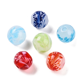 Handmade Lampwork Beads, Round with Flower, Mixed Color, 9x10mm, Hole: 1.6mm